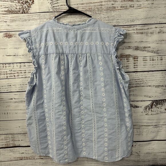 Loft Top Women's Size XL Blue White Striped Button Up Embroidered Eyelet Ruffles - Picture 2 of 7